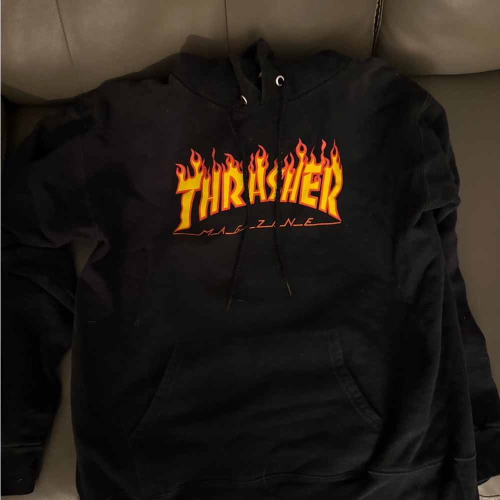 Thrasher Black Hoodie with Orange Flame Design